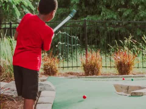a boy swinging a bat at a ball