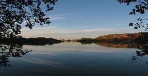 a body of water with trees around it