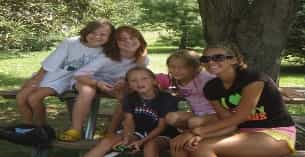 a group of people sitting on a picnic table