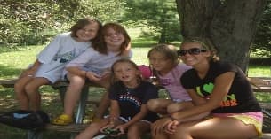 a group of people sitting on a picnic table