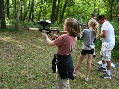 a group of people in the woods
