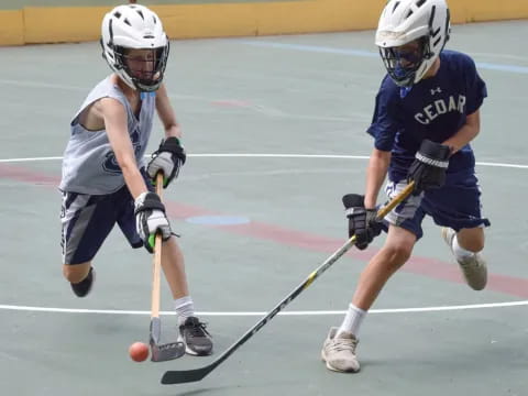 a couple of people playing hockey