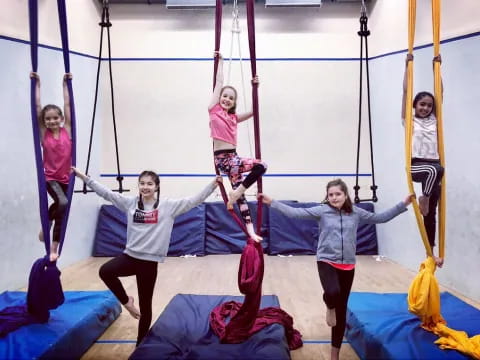a group of people on a trampoline