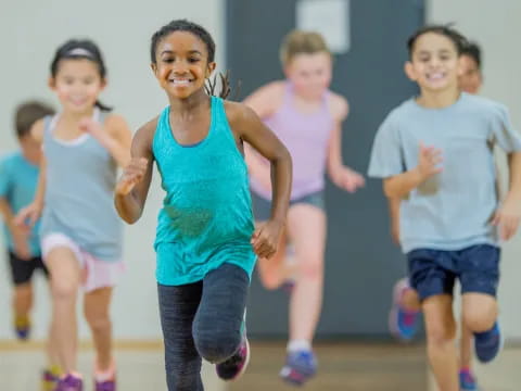 a group of people running