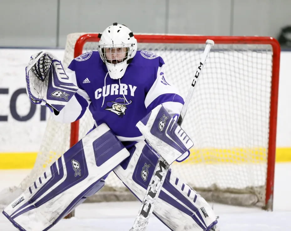 a hockey player in a blue uniform