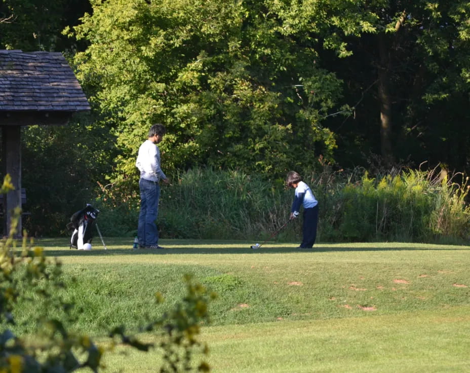 a couple of people playing golf