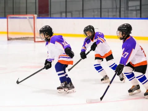 a group of people playing hockey