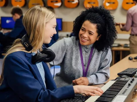 a couple of women playing a piano