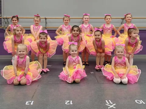 a group of girls in pink dresses