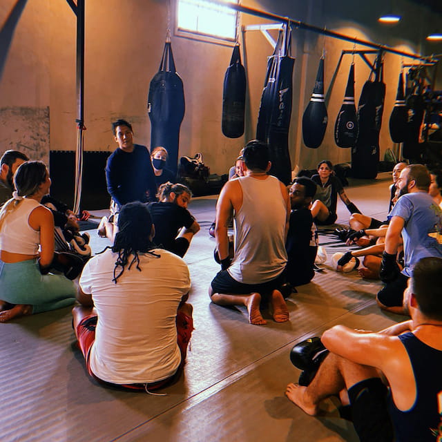 a group of people sitting in a room