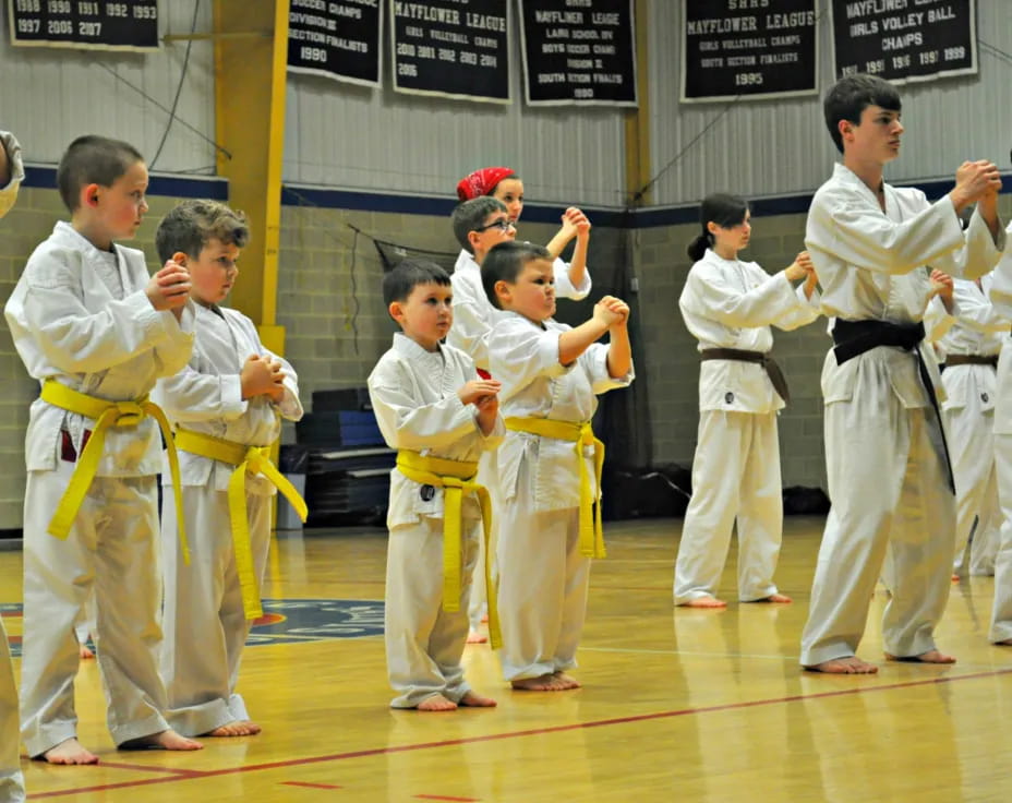 a group of boys in karate uniforms