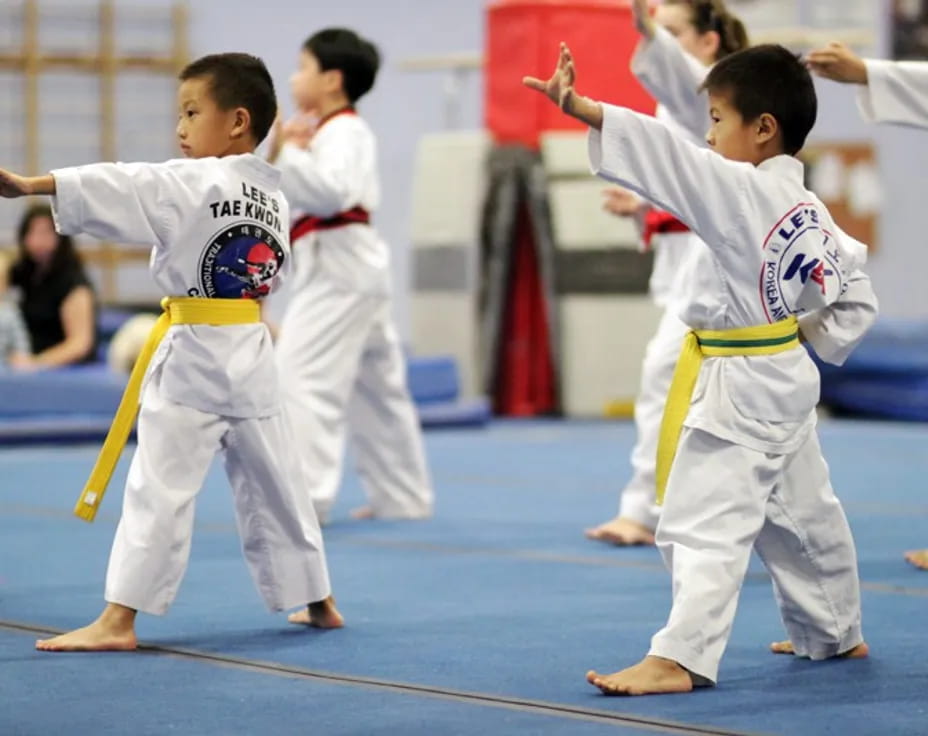 a group of kids in karate uniforms