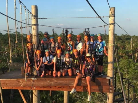a group of people on a bridge