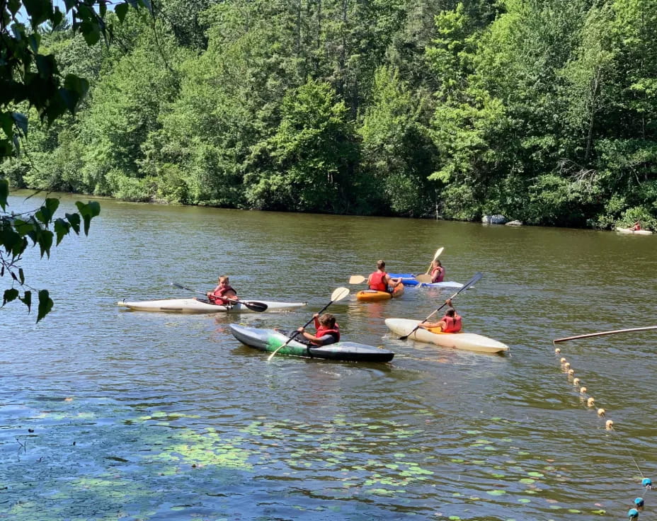 a group of people rowing on a river