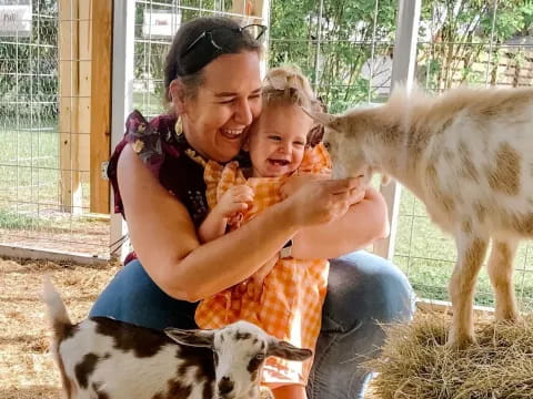 a woman feeding a couple of goats