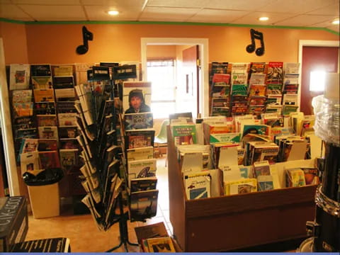 a room with shelves of books
