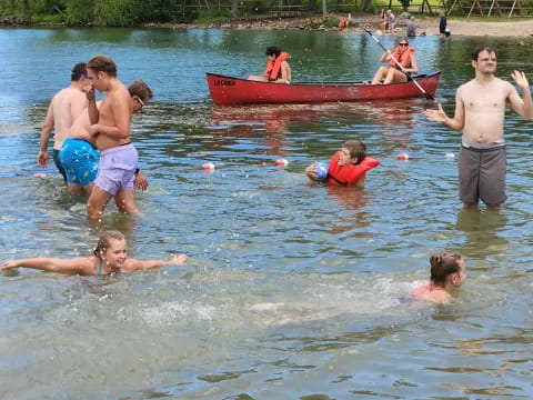 a group of people in the water