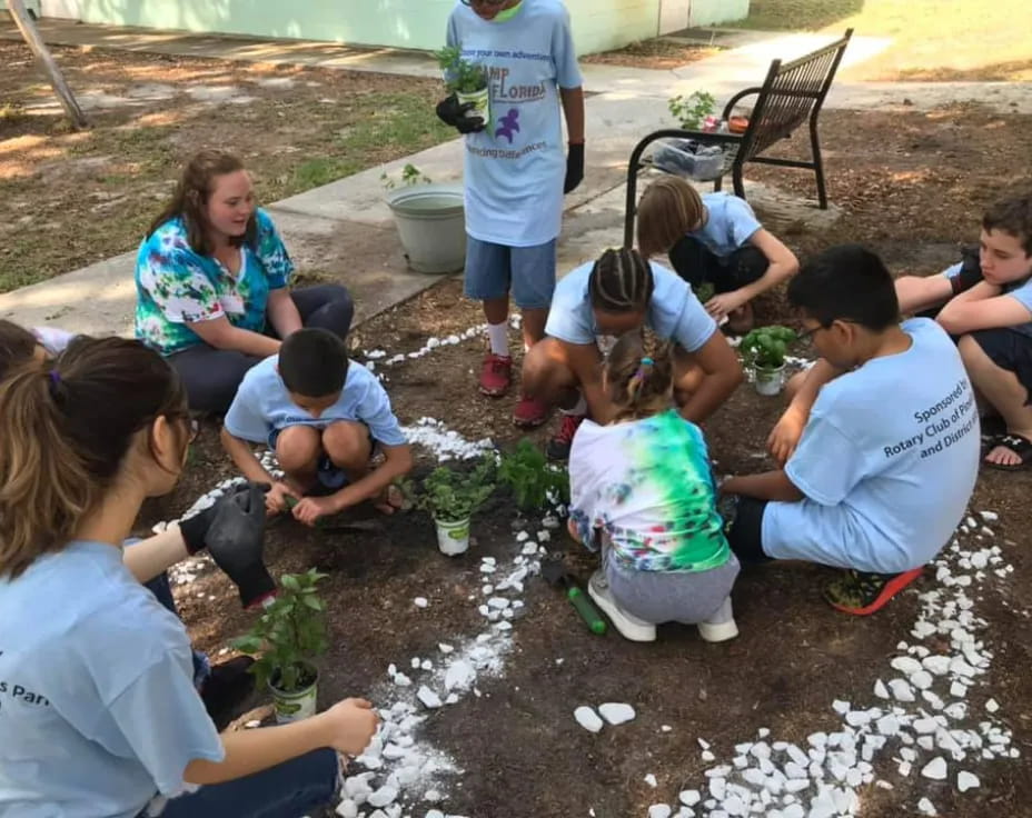 a group of people planting plants