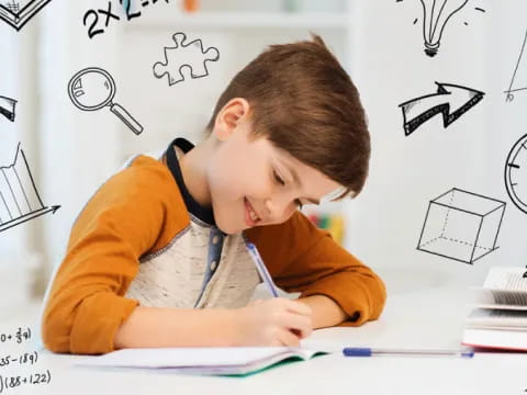 a boy sitting at a desk