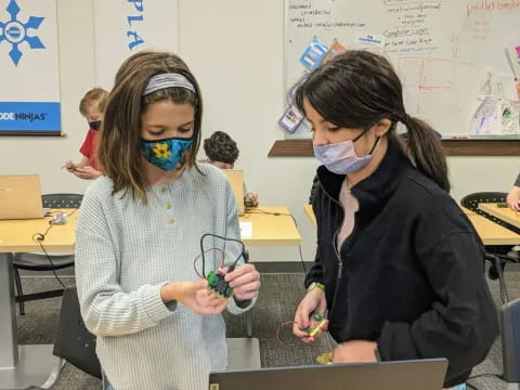 a couple of girls wearing masks