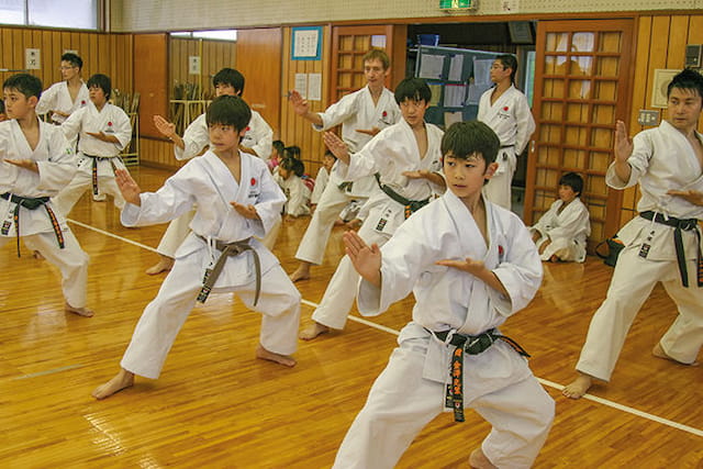 a group of people in karate uniforms