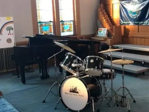 a drum set in a room