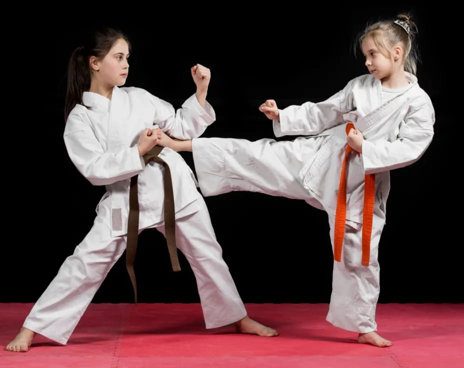 a group of girls in karate uniforms