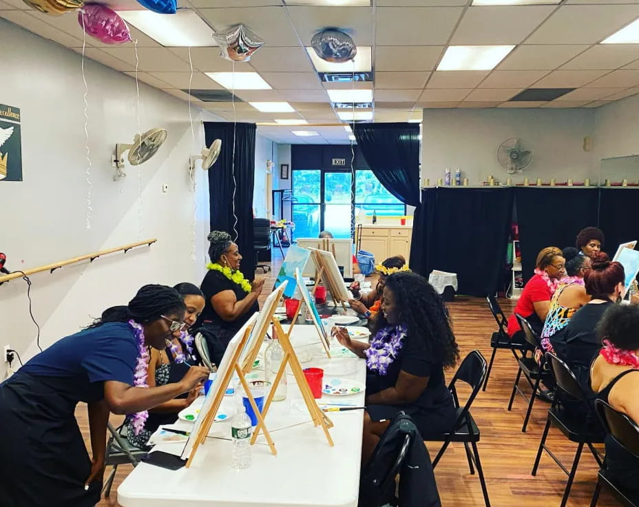 a group of people sitting at tables