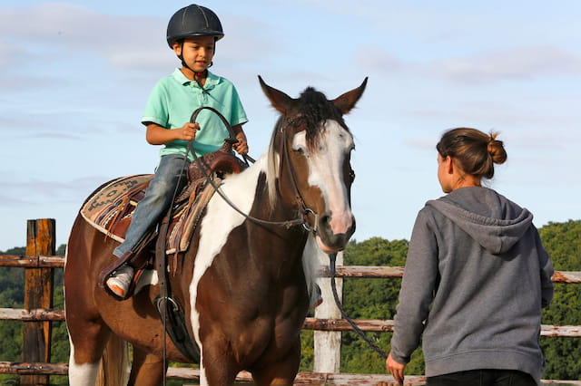 a man and a child riding a horse