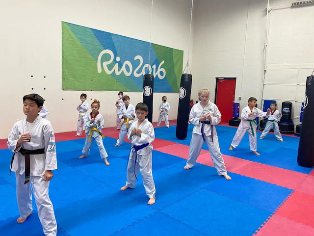 a group of kids in karate uniforms