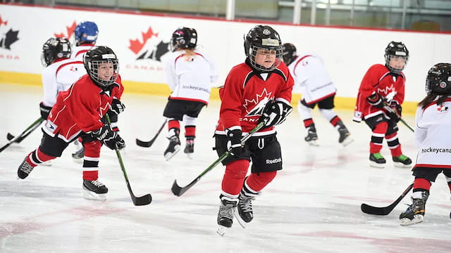 a group of people playing hockey
