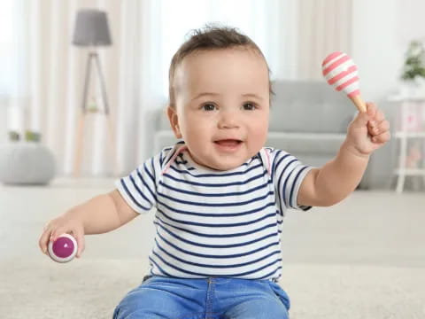 a baby holding a toy