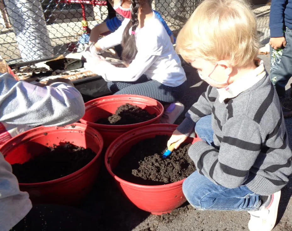 a group of children planting plants