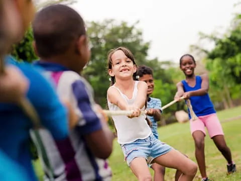 a group of people running