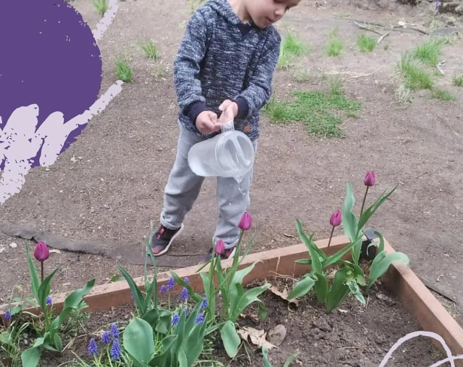 a boy standing in a garden