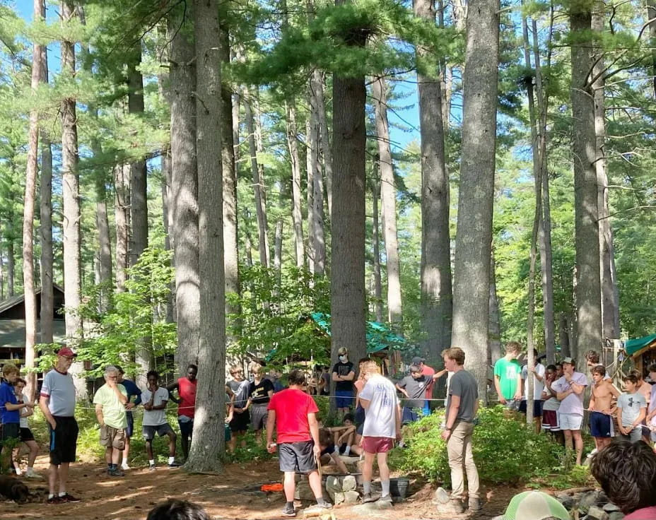 a group of people in a forest
