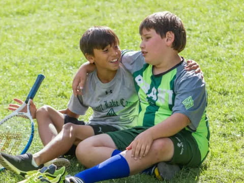 two boys sitting on the grass