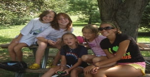 a group of people sitting on a picnic table