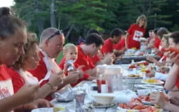 a group of people eating food