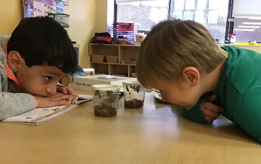 a couple of boys looking at a book on a table