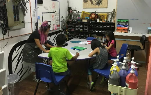 a group of people sitting around a table