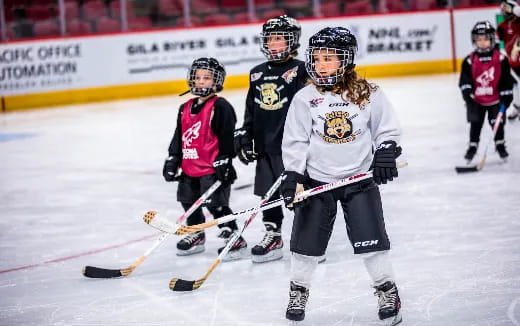a group of people playing hockey