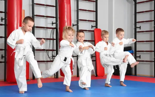 a group of children in karate uniforms