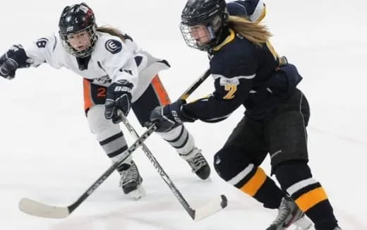 a couple of people playing hockey