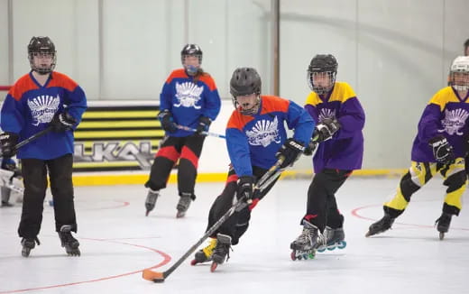 a group of people playing hockey