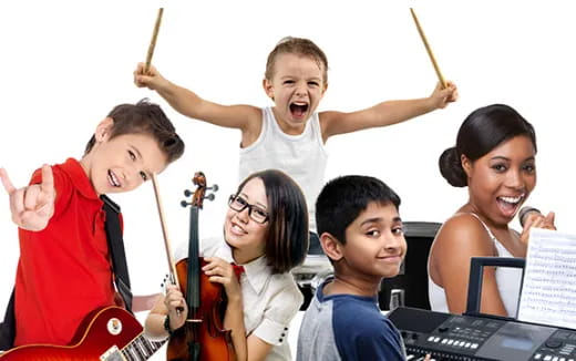 a group of people holding musical instruments
