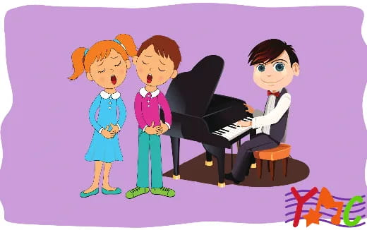 a group of people playing piano
