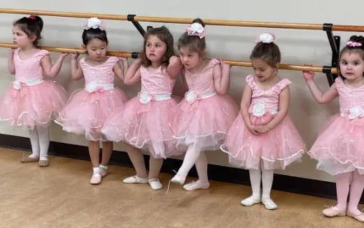 a group of girls in pink dresses