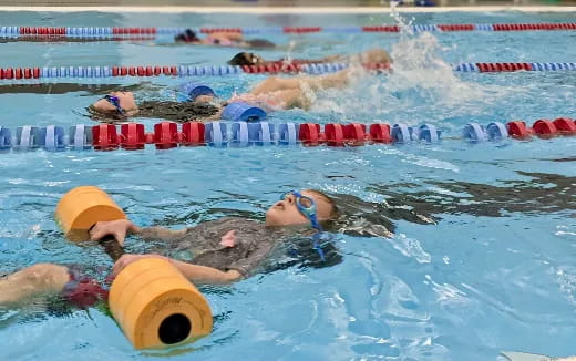 a group of people swimming in a pool