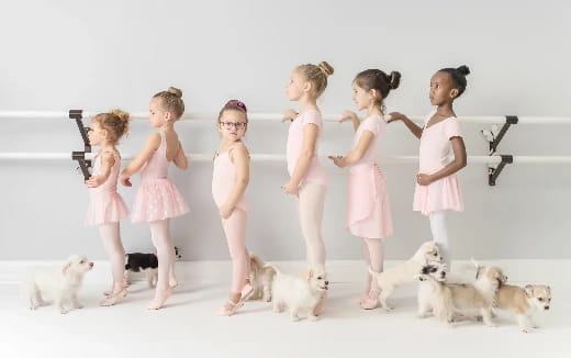 a group of girls with dogs